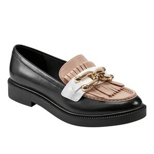 Marc Fisher Calisto Loafer Black, Tan, and White Fringe Gold Hardware Loafers